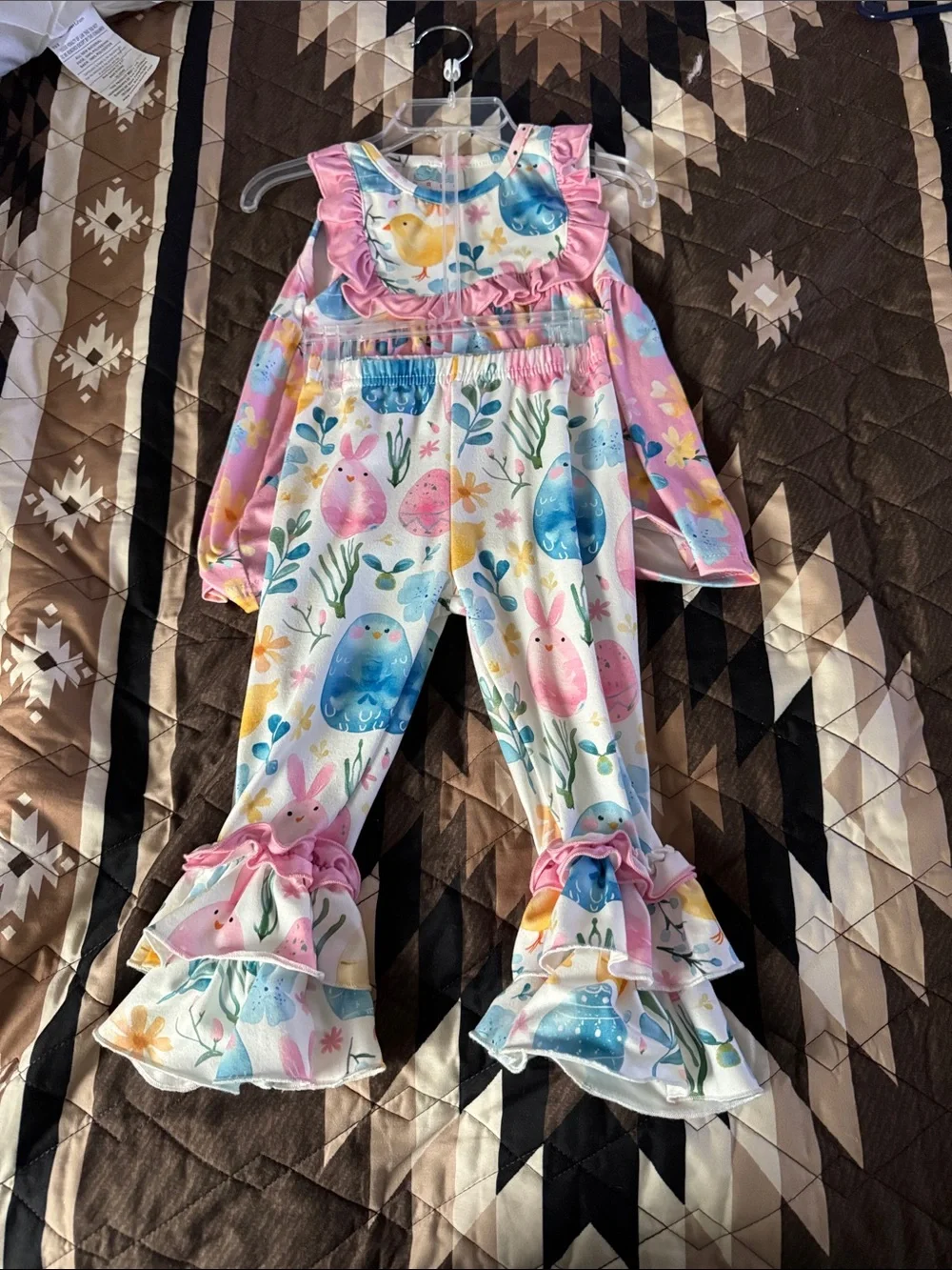 Girls Pink Pastel Bunny & Egg Print Ruffle Pants